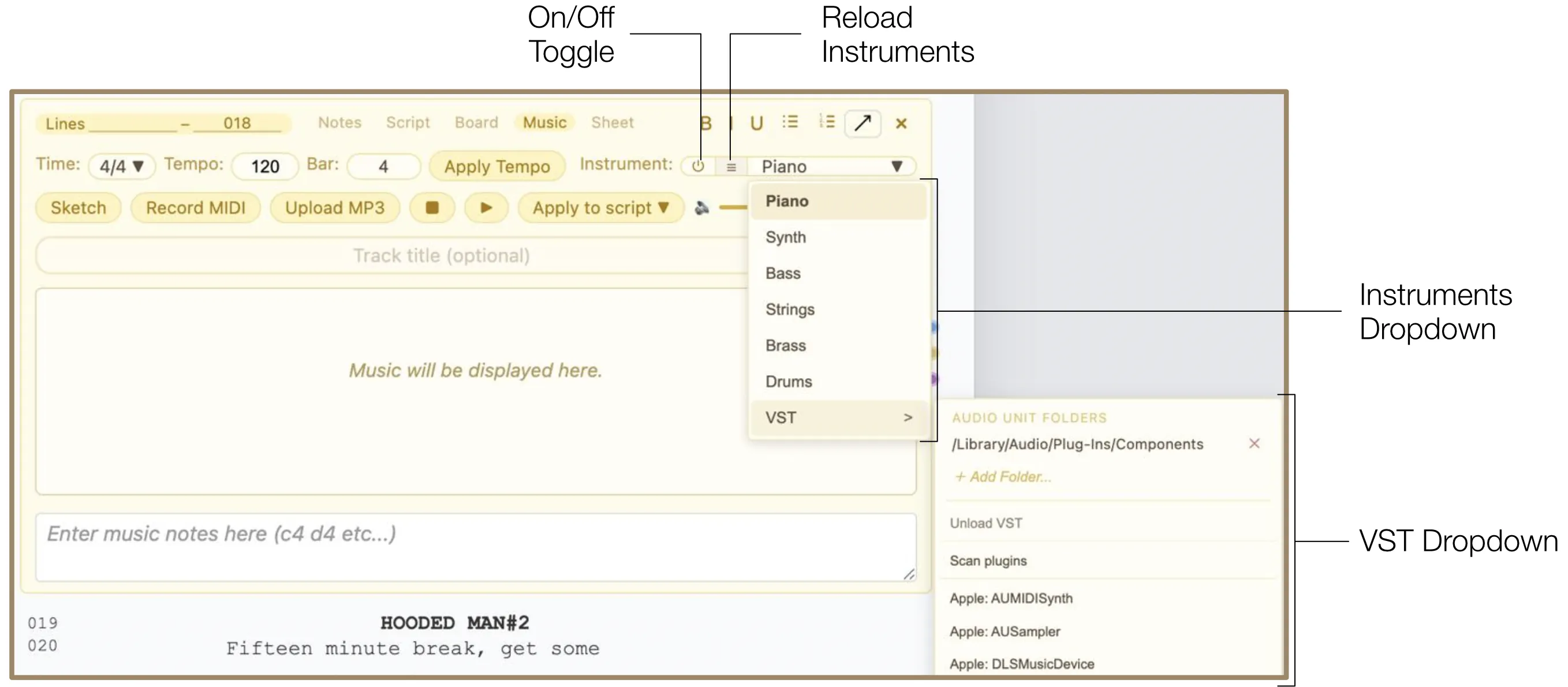 Music Settings panel showing Instruments dropdown and VST plugin management